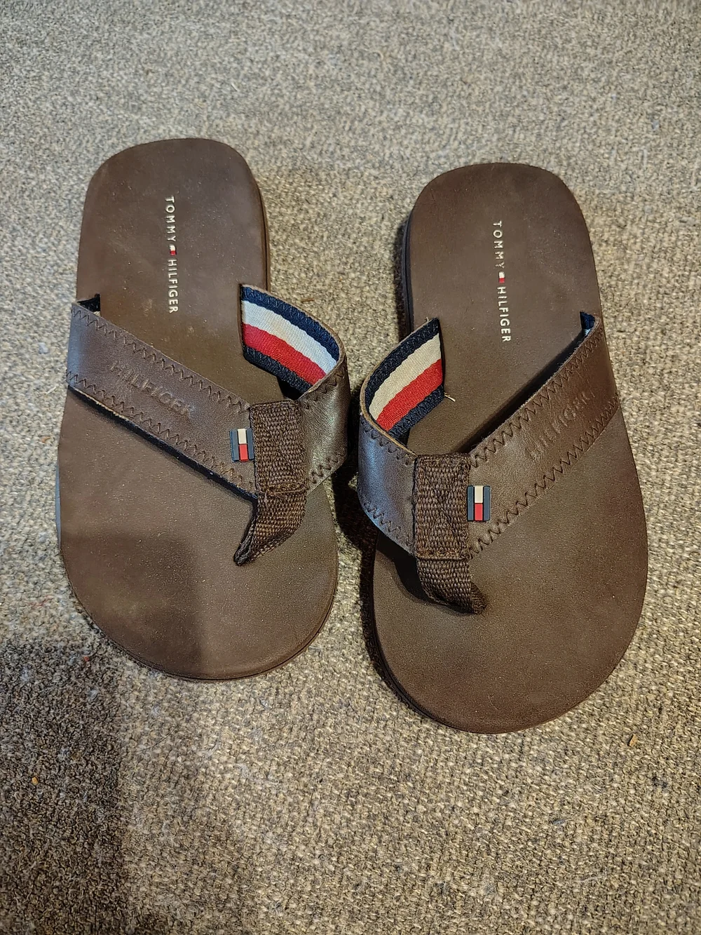 Tommy Hilfiger Brown Leather Flip Flop Sandals with Tricolor Webbing